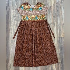 Vtg Coco Bianco S/S Maxi Dress 8 Brown Leopard Print Floral Hawaiian Tie Waist